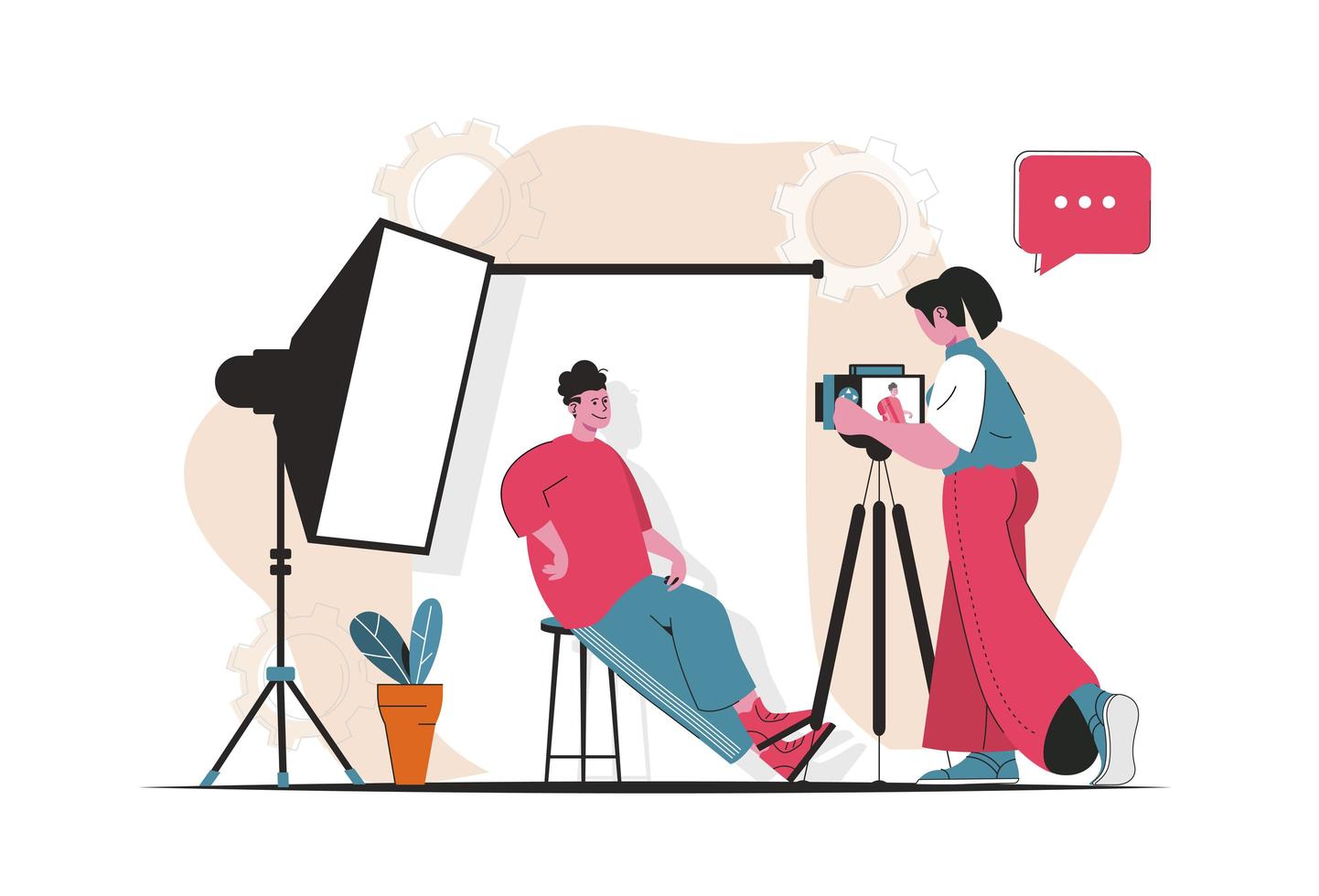 concetto di studio fotografico isolato. il fotografo fa una sessione fotografica per posare il modello dell'uomo. scena di persone nel design piatto del fumetto. illustrazione vettoriale per blog, sito Web, app mobile, materiali promozionali.