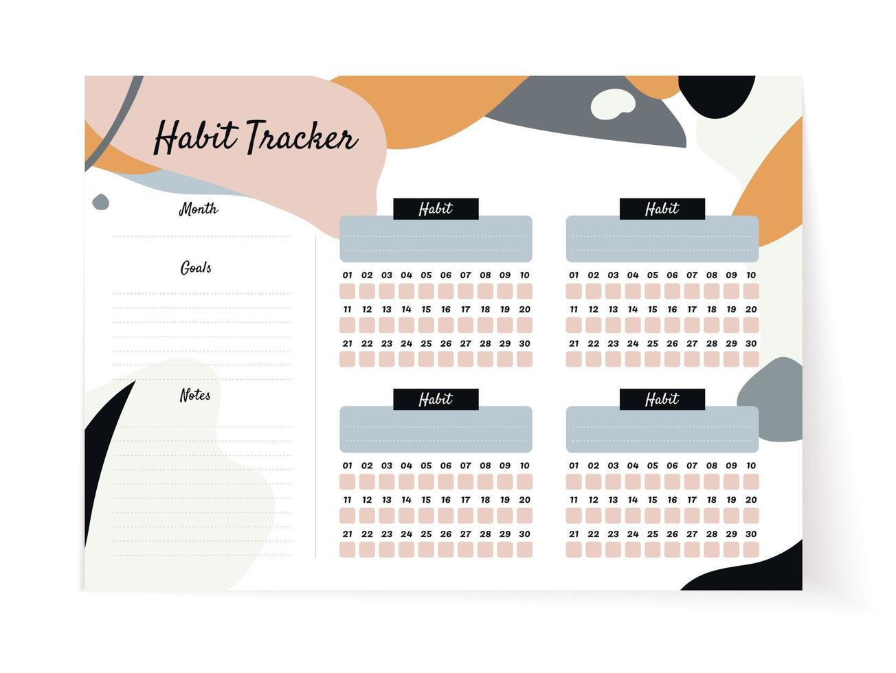 tracker abitudini per 4 abitudini, con spazio vuoto per note e obiettivi. grafica vettoriale, modello di design per la gestione del tempo, elemento di design per organizzatori e calendari vettore