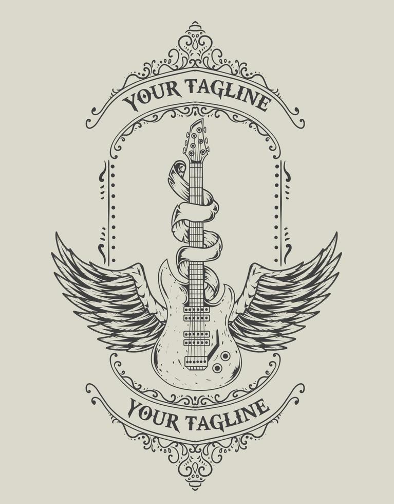 illustrazione ali di chitarra vintage stile monocromatico vettore