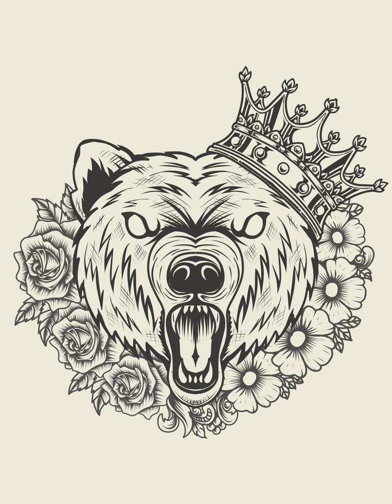 illustrazione testa di orso arrabbiato con ornamento floreale vettore