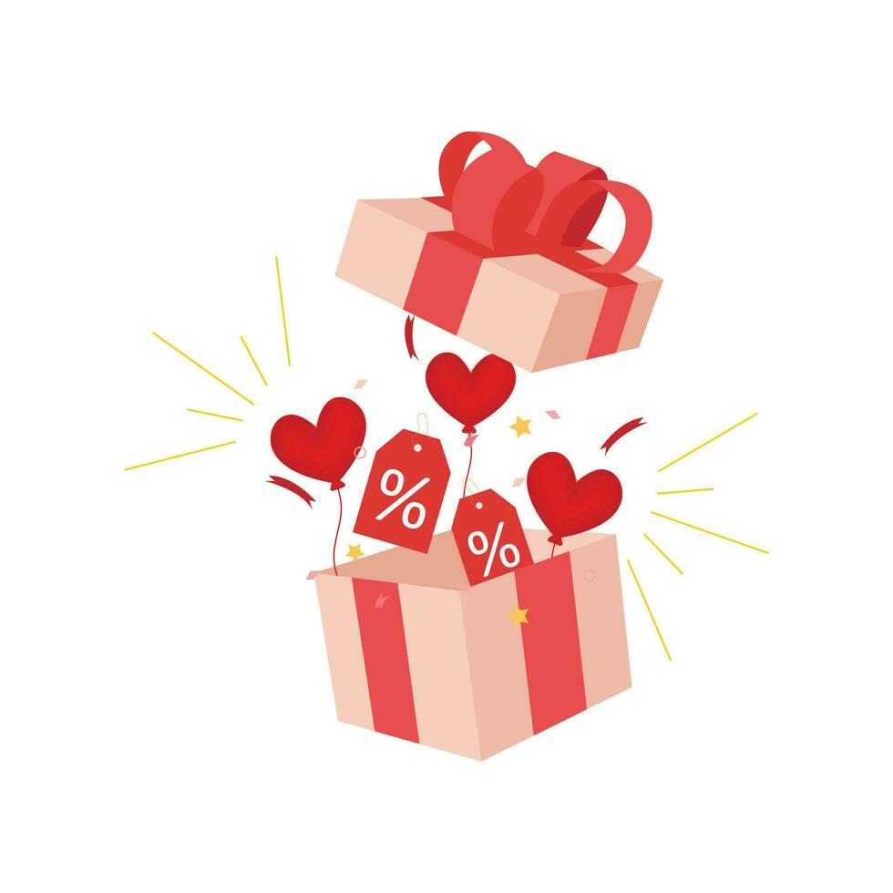 sorpresa Aperto regalo scatola San Valentino tema con rosa nastro, coriandoli, sconto voucher; tagliando e cuore palloncini vettore illustrazione