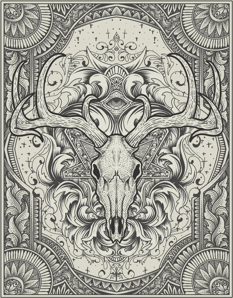 illustrazione teschio di cervo con incisione ornamento stile monocromatico vettore