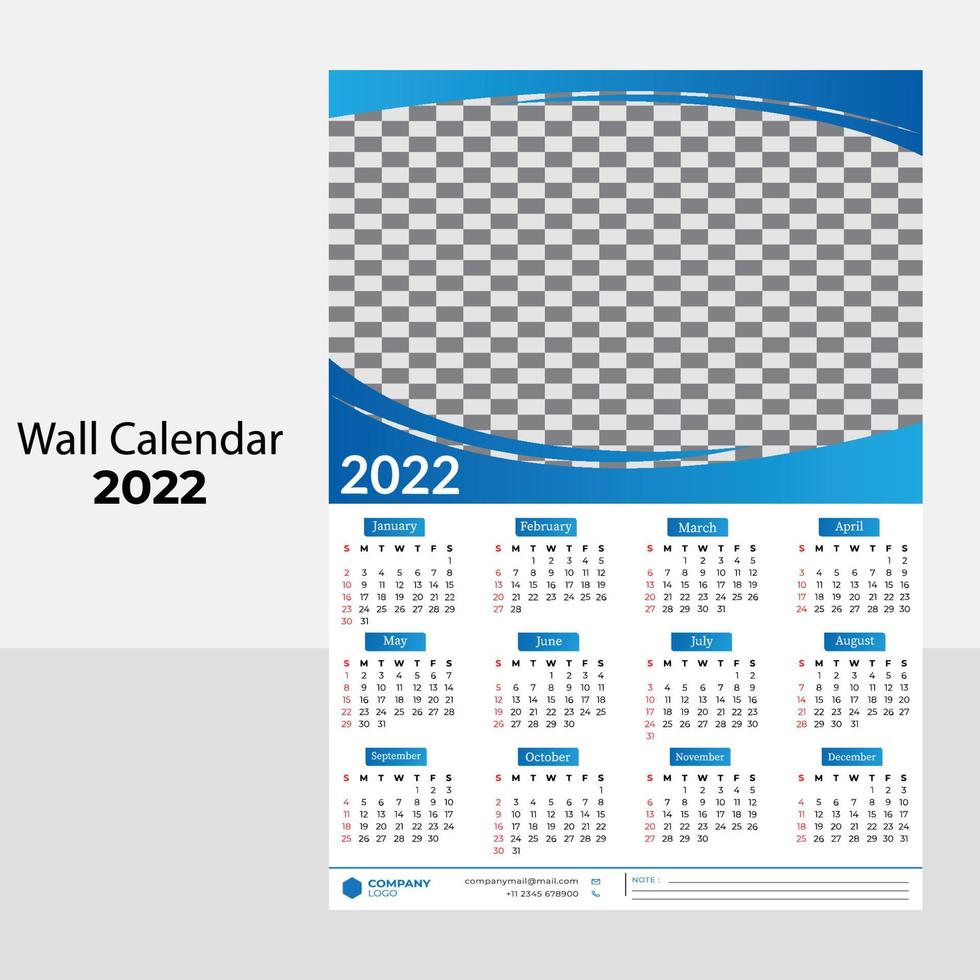 Calendario 2022, calendario 2022 settimana inizio domenica, modello vettoriale di design aziendale