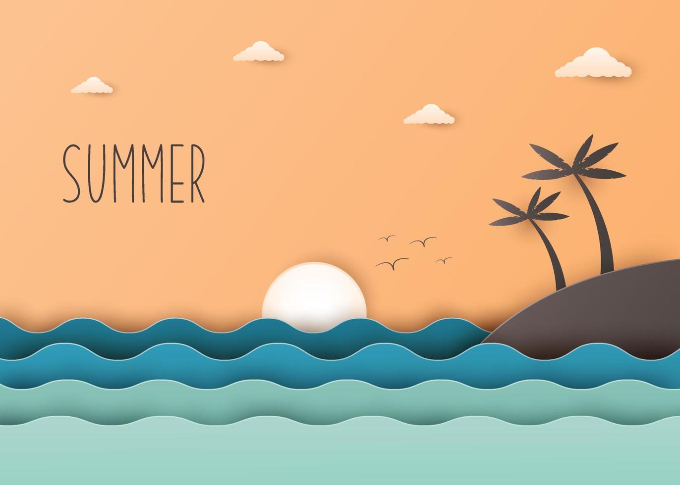 illustrazione creativa estate sfondo concetto carta tagliata stile con paesaggio di onde del mare e spiaggia con palme vettore
