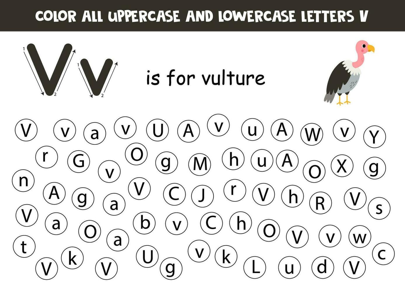 trova e punto tutti lettere v. educativo foglio di lavoro per apprendimento alfabeto. carino avvoltoio. vettore