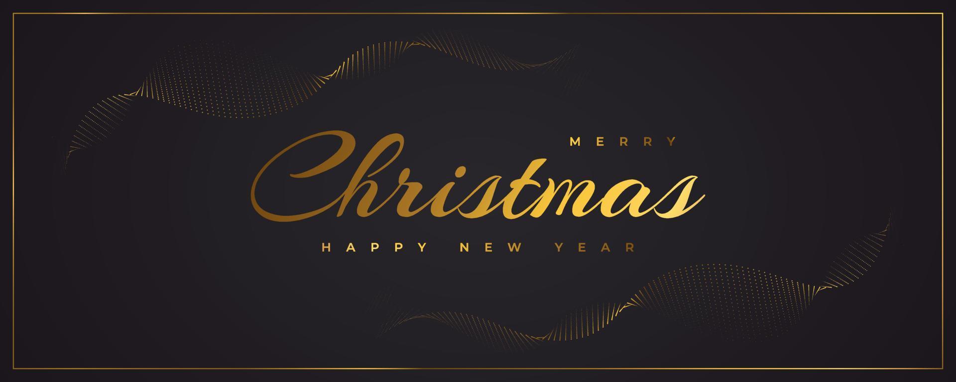 buon natale e felice anno nuovo banner o poster. elegante biglietto di auguri di Natale in nero e oro vettore