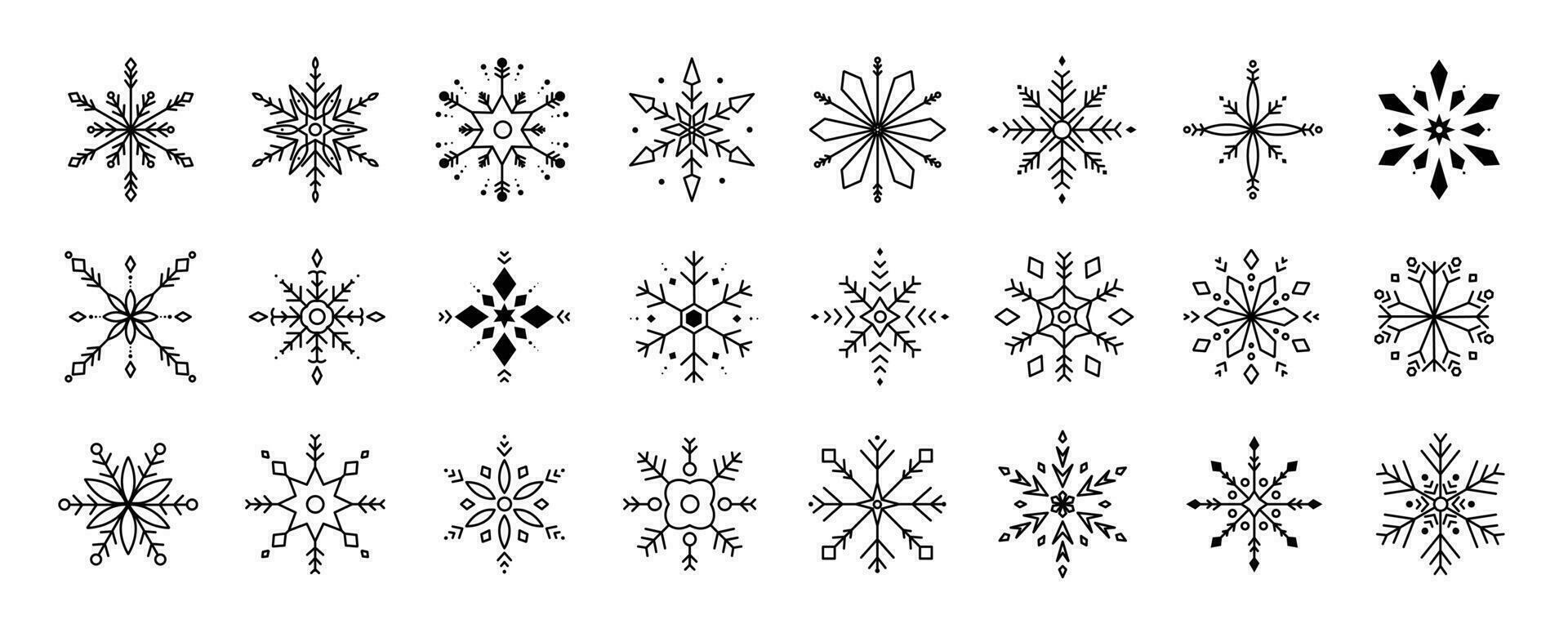 impostato di i fiocchi di neve lineare vettore icona. geometrico fiocco di neve forma, natura e inverno relazionato vettore simbolo mano disegnato contorno collezione. linea arte illustrazione design per logo, etichetta, Natale.