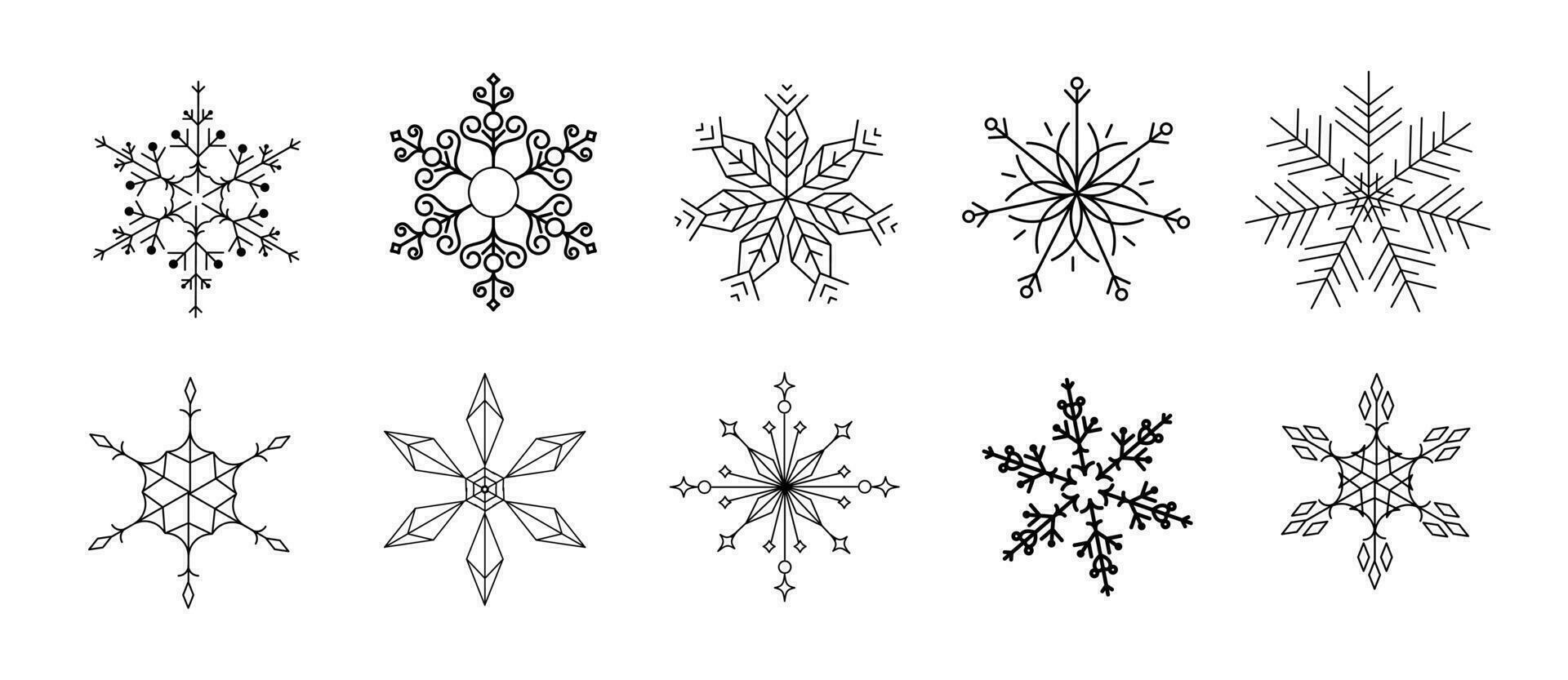 impostato di i fiocchi di neve lineare vettore icona. geometrico fiocco di neve forma, natura e inverno relazionato vettore simbolo mano disegnato contorno collezione. linea arte illustrazione design per logo, etichetta, Natale.