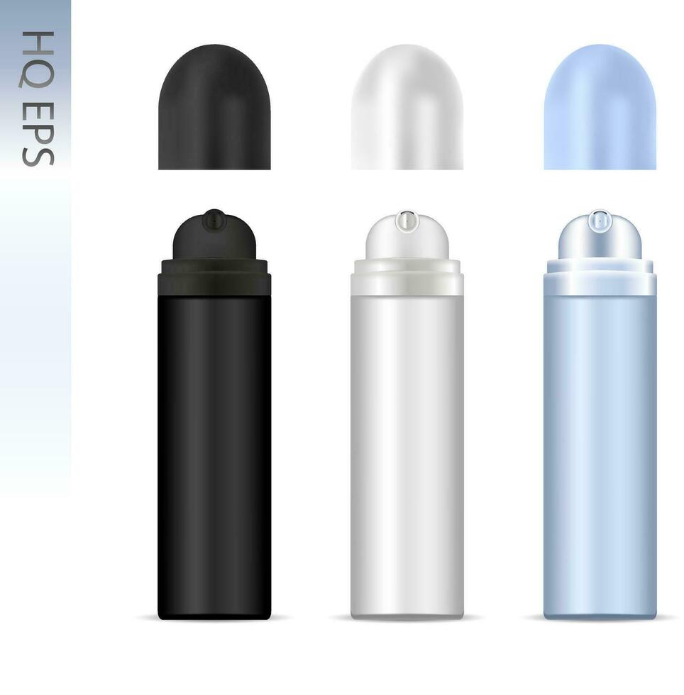 deodorante spray alluminio può impostare. 3d vettore cosmetico bottiglie con il giro Aperto cappucci. illustrazione, isolato su bianca sfondo.