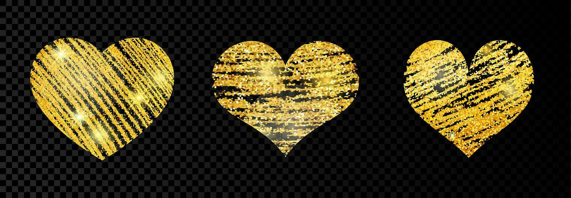 impostato di tre cuore con dorati luccicante scarabocchiare dipingere su buio sfondo. sfondo con oro scintille e luccichio effetto. vuoto spazio per il tuo testo. vettore illustrazione