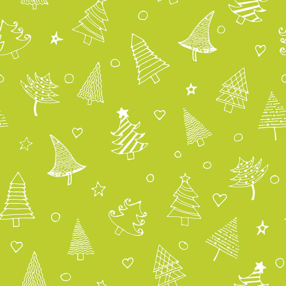 scarabocchio Natale alberi senza soluzione di continuità modello su un' verde sfondo. carino Natale alberi con neve, fiocchi di neve, cuori, stelle, magro linea scarabocchio regalo pacchetto. Stazionario, inviti, carte. mano disegnato. vettore