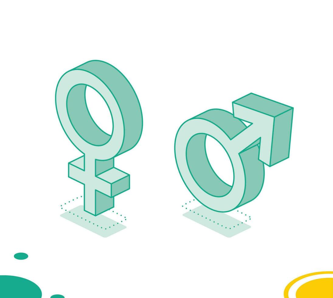 isometrico Genere segni. maschio e femmina segni. 3d oggetti isolato su bianca sfondo. schema icone. vettore