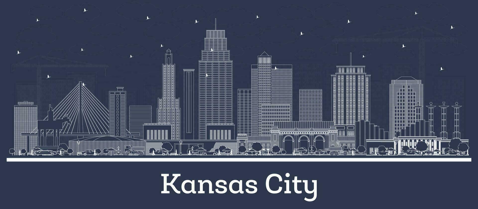 schema Kansas città Missouri città orizzonte con bianca edifici. attività commerciale viaggio e turismo concetto con storico architettura. Kansas città Stati Uniti d'America paesaggio urbano con punti di riferimento. vettore