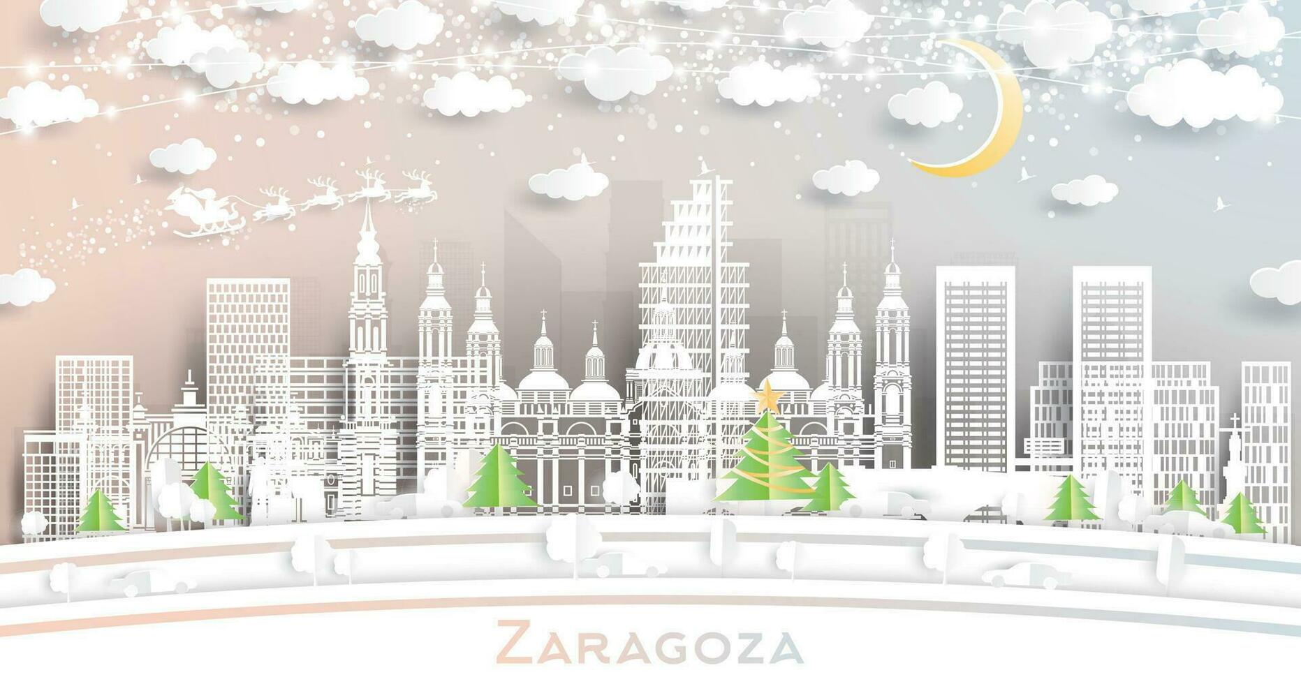 saragozza Spagna. inverno città orizzonte nel carta tagliare stile con fiocchi di neve, Luna e neon ghirlanda. Natale e nuovo anno concetto. Santa Claus su slitta. saragozza paesaggio urbano con punti di riferimento. vettore