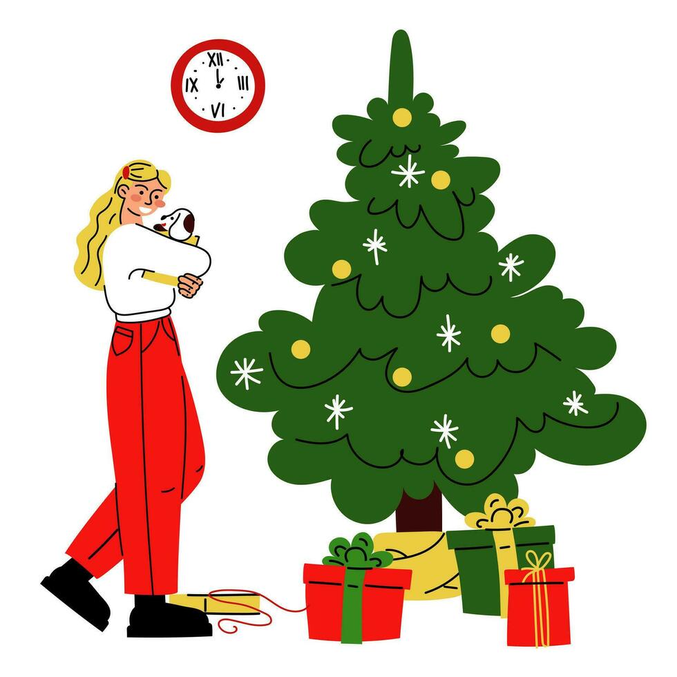 un' Natale illustrazione nel quale un' ragazza detiene un' scatola con un' cane vicino un' Natale albero con regalo scatole. è tempo per dare i regali. disimballaggio un' regalo. vettore. i regali e sorprese. allegro Natale, nuovo anno vettore