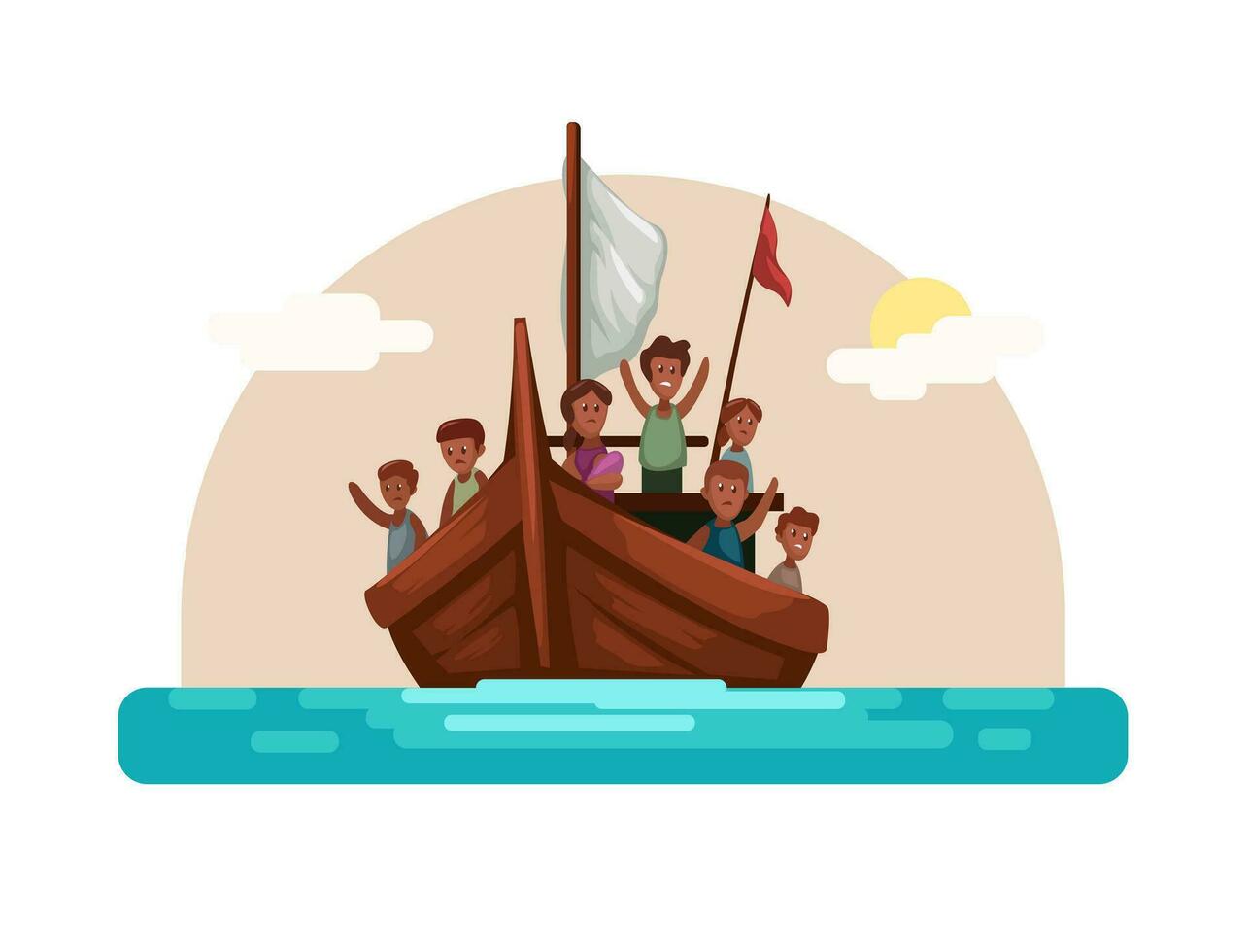 profugo nave andare in barca su il mare cartone animato illustrazione vettore