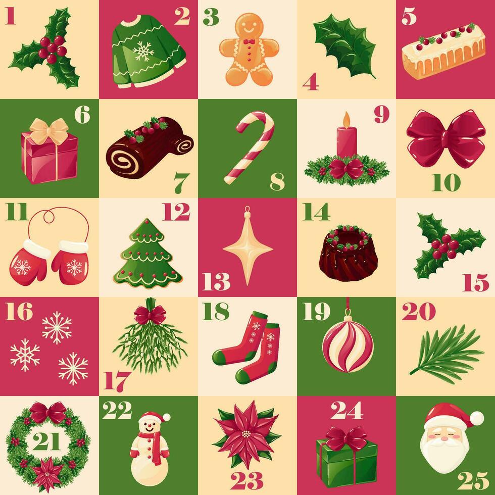 Natale Avvento calendario con Natale decorazione elementi nel festivo rosso e verde colori contento nuovo anno saluto carta, manifesto, bandiera design. vettore piazza senza soluzione di continuità modello