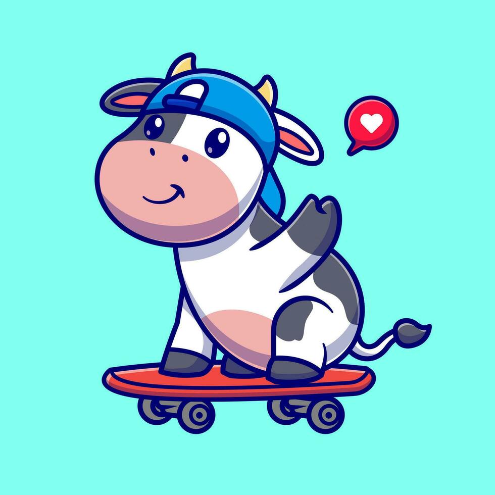 freddo mucca con skateboard cartone animato vettore icona illustrazione. animale sport icona concetto isolato premio vettore. piatto cartone animato stile