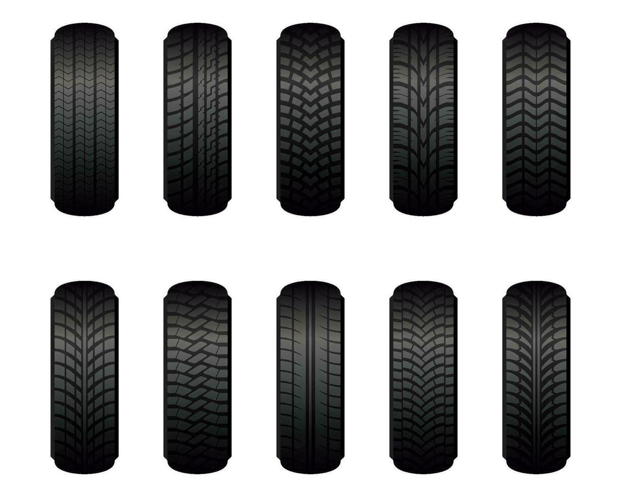 auto ruota pneumatici di diverso Filo votazione tipi impostato isolato su bianca sfondo. gomma da cancellare pneumatici per estate e inverno stagione davanti Visualizza. vulcanizzazione e pneumatico adattamento concetto vettore