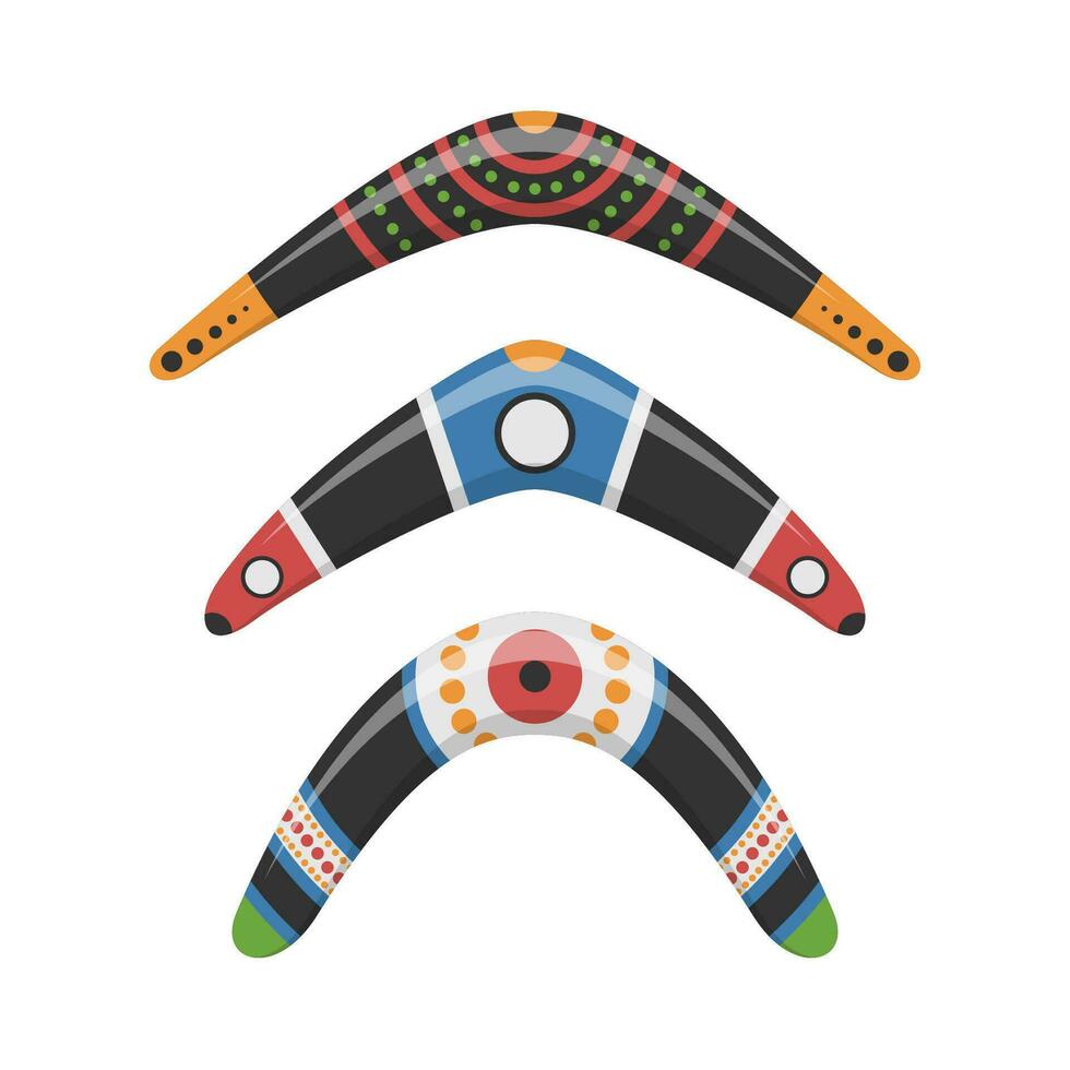 tradizionale di legno bumerang di diverso forme icone impostato isolato su bianca sfondo. australiano nativo a caccia e sport arma. aborigeno di legno boomerang. vettore illustrazione.
