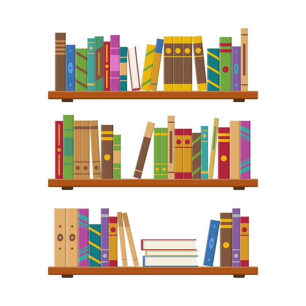 interno libreria con multicolore libri spine. mucchio libri su mensola con libri di biblioteca o libreria. pila dizionario per formazione scolastica. conoscenza, studiando e apprendimento. vettore