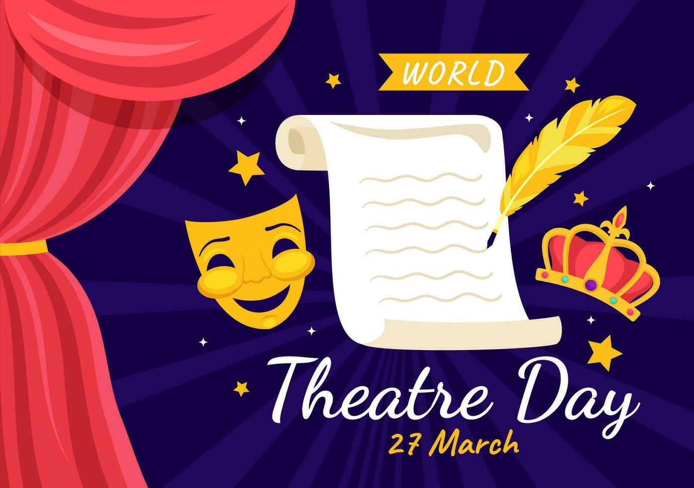 mondo Teatro giorno vettore illustrazione su marzo 27 con maschera e rosso le tende per conserva l'esecuzione arti e divertimento nel piatto cartone animato sfondo