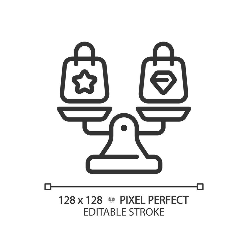 2d pixel Perfetto personalizzabile nero shopping borse su peso scala icona, isolato vettore, magro linea illustrazione che rappresentano confronti. vettore