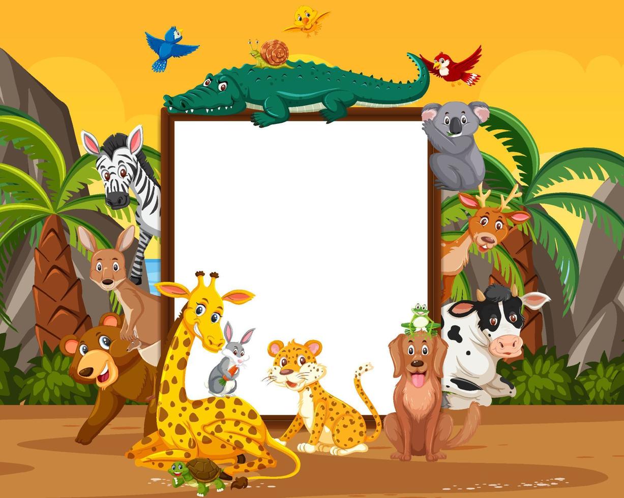 cornice di legno vuota con vari animali selvatici nella foresta vettore