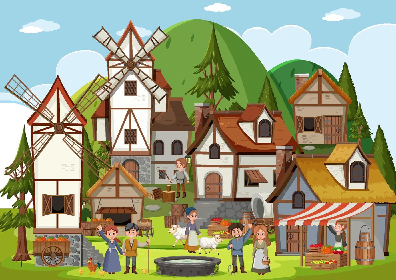 scena della città medievale con gli abitanti del villaggio vettore