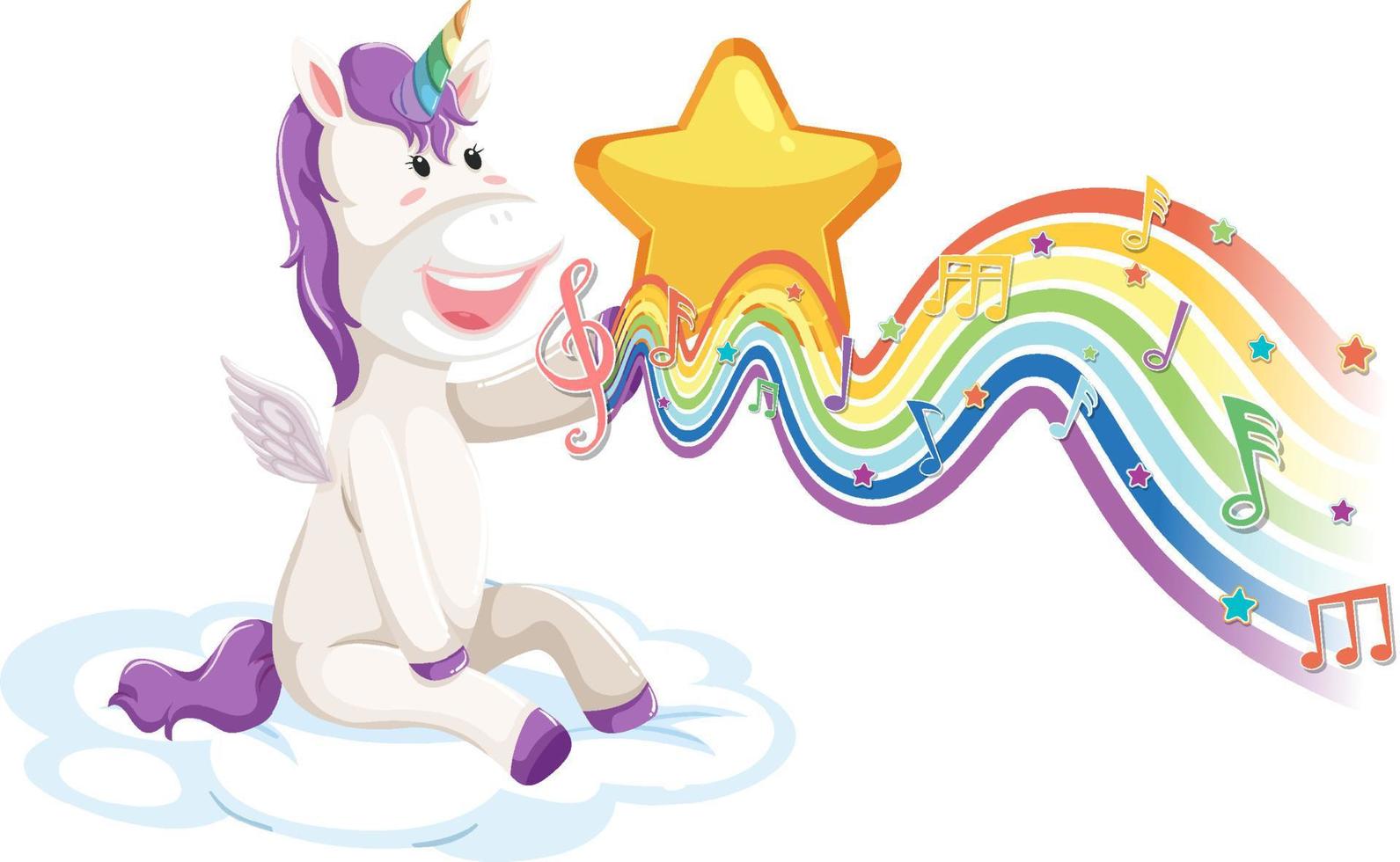 unicorno seduto sulla nuvola con simboli di melodia sull'onda arcobaleno vettore