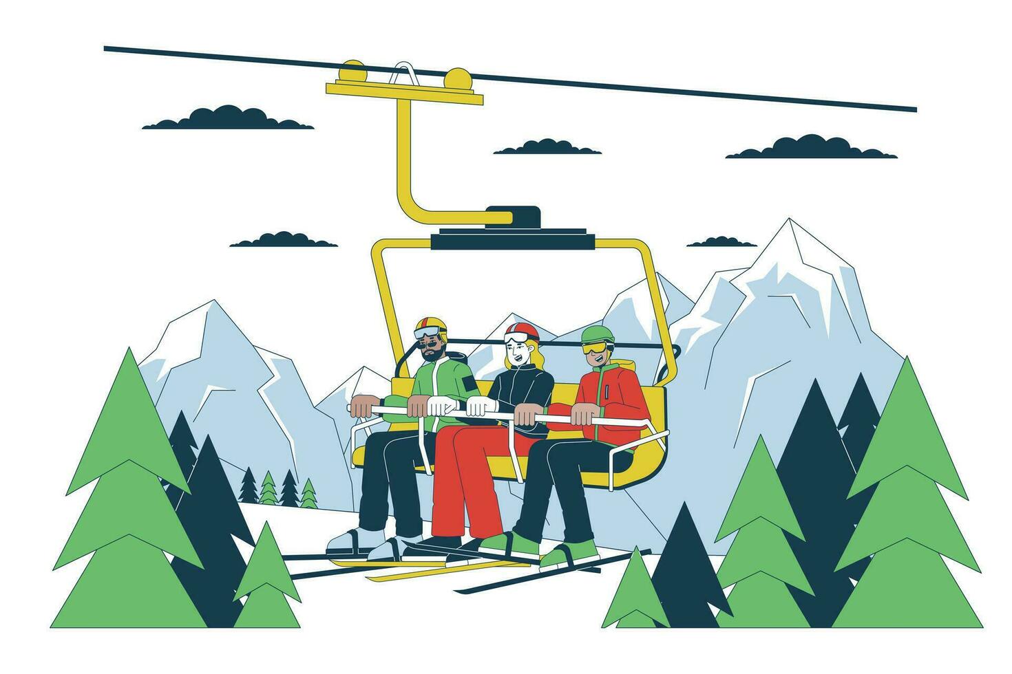 gondola sciatori equitazione su sciare seggiovia linea cartone animato piatto illustrazione. inverno capispalla persone su sciare sollevamento 2d Linea artistica personaggi isolato su bianca sfondo. sport invernali scena vettore colore Immagine