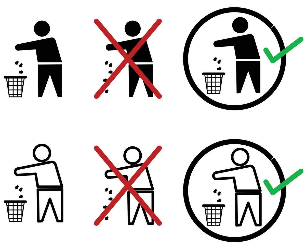 illustrazione smaltire di spazzatura propriamente nel il spazzatura può o spazzatura bidone icona vettore