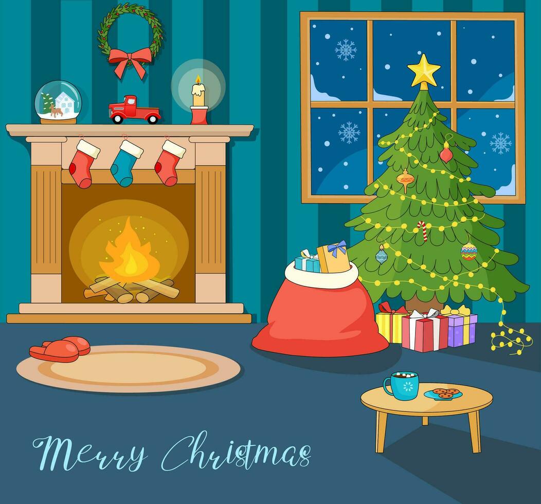 accogliente Vintage ▾ camera a Natale notte. vuoto casa interno con il camino, ardente candele, decorato abete albero con i regali e regali Borsa. Natale carta nel retrò stile. vettore