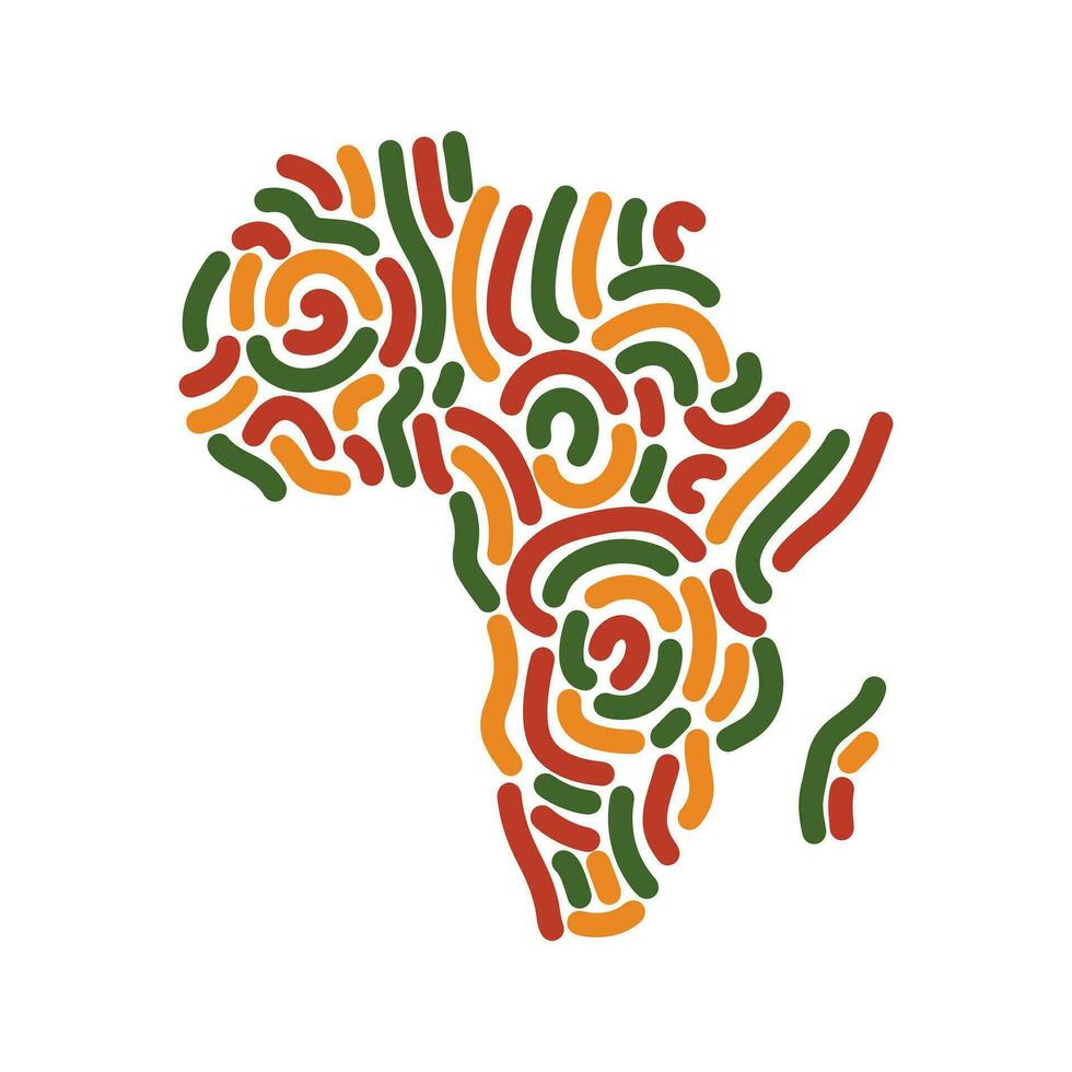 Africa carta geografica, decorativo silhouette di africano continente con astratto Linee ornamento nel colore di padella africano bandiera - rosso, giallo, verde. rivestimento ictus liscio il giro Linee ornamento nel forma di Africa vettore