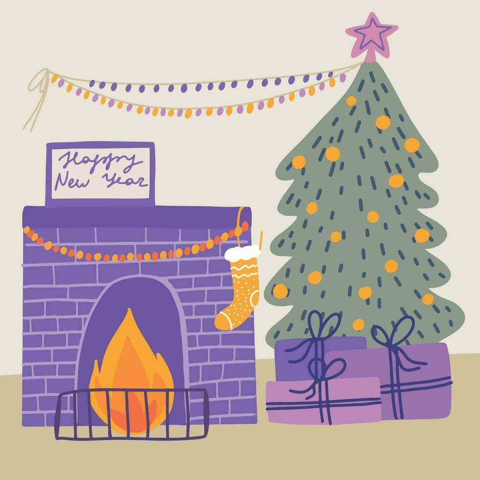 camino e Natale albero, Natale nuovo anno camera illustrazione vettore