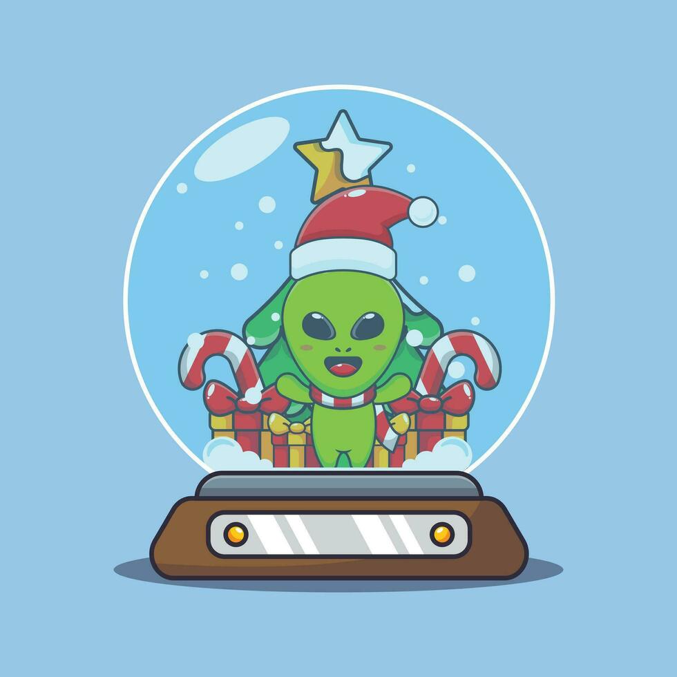 carino alieno nel neve globo. carino Natale cartone animato personaggio illustrazione. vettore