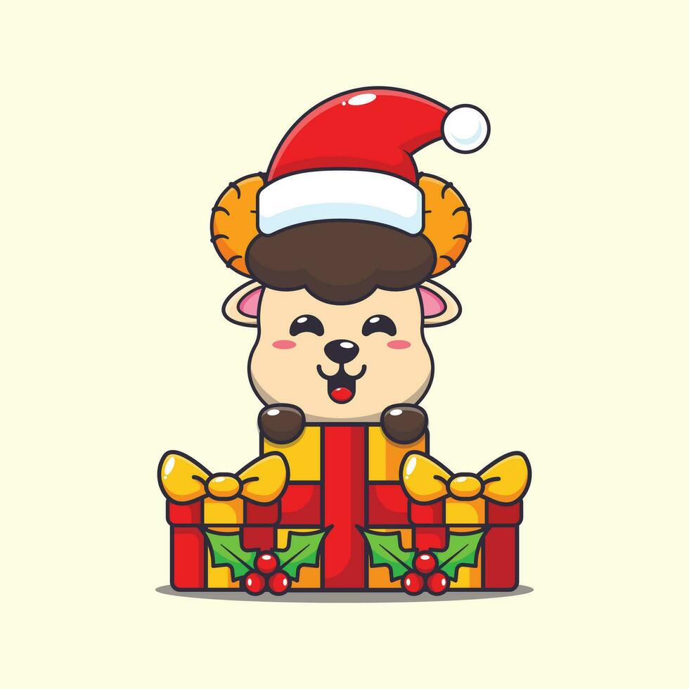 carino montone pecora contento con Natale regalo. carino Natale cartone animato personaggio illustrazione. vettore