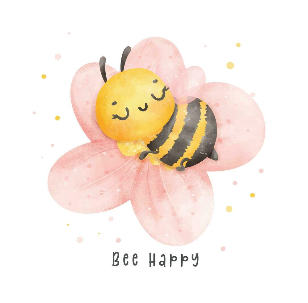 carino bambino miele ape addormentato nel fiore acquerello cartone animato personaggio mano pittura illustrazione vettore. ape contento vettore
