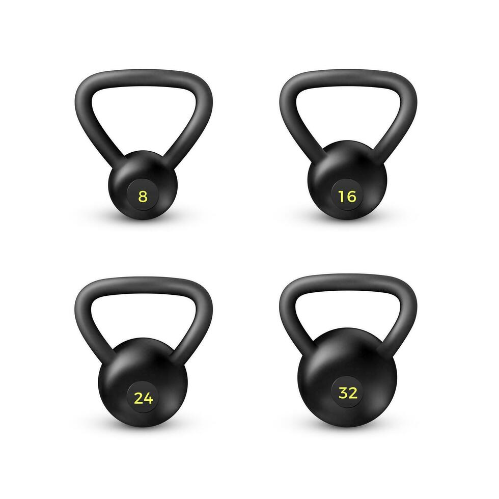 impostato di nero realistico kettlebell. attrezzatura per bodybuilding e allenamento. vettore