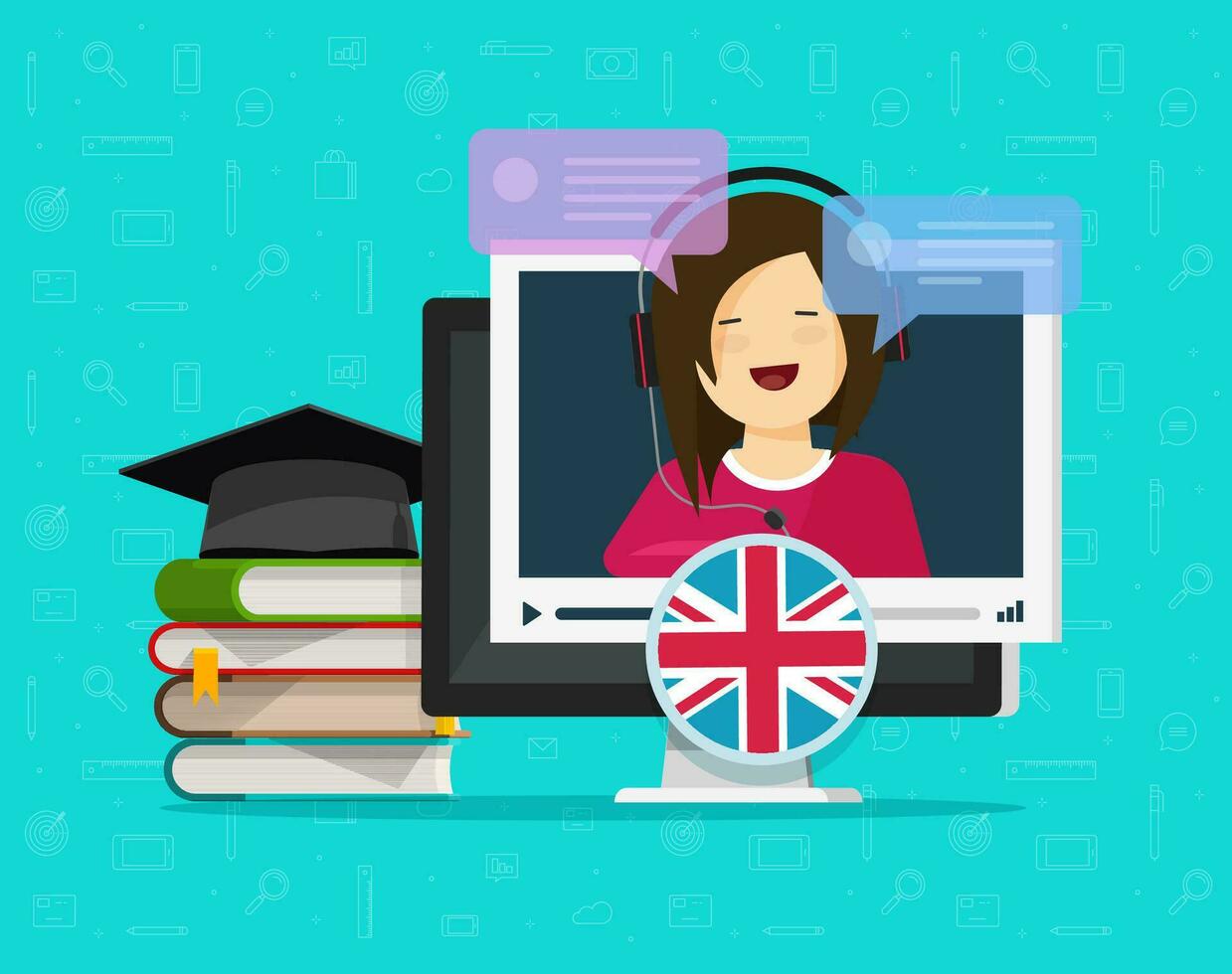 inglese linguaggio video in linea distanza apprendimento su del desktop computer o formazione scolastica concetto su pc con insegnante A proposito di Chiacchierare vettore piatto stile cartone animato illustrazione, a distanza studia straniero linguaggio Immagine