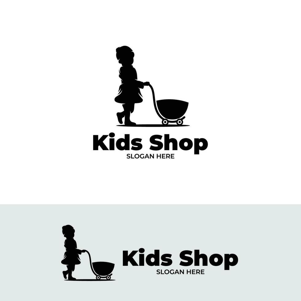 silhouette di bambini con shopping carrello logo design modello vettore