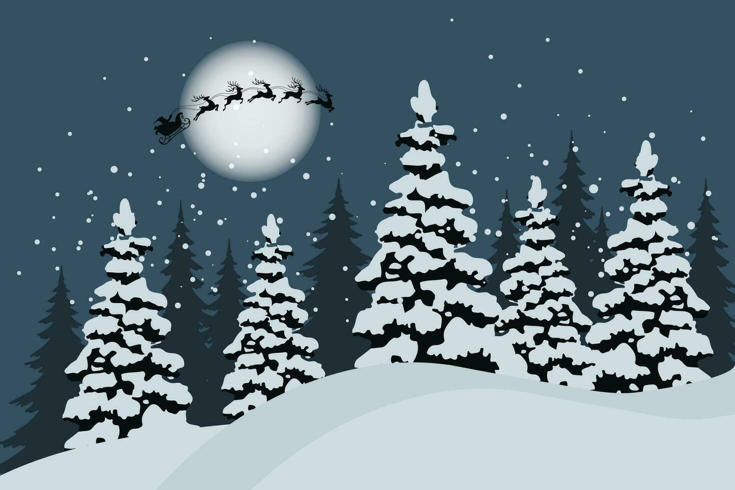 inverno paesaggio con abete alberi e Santa su un' slitta con renna nel il cielo sotto il Luna. Natale saluto carta modello vettore