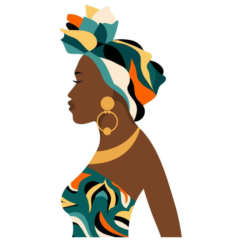 ritratto di un' bellissimo africano donna nel profilo nel un' nazionale copricapo, un' turbante. illustrazione, vettore