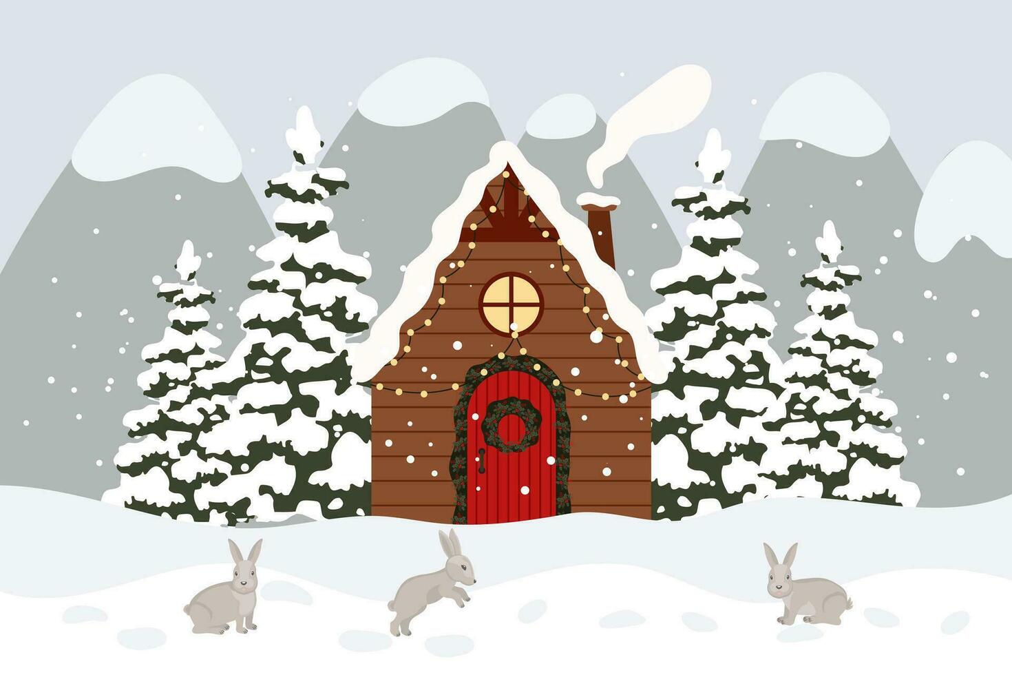 inverno paesaggio con carino case, abete alberi e lepri nel il neve. allegro Natale saluto carta modello. illustrazione nel piatto stile. vettore
