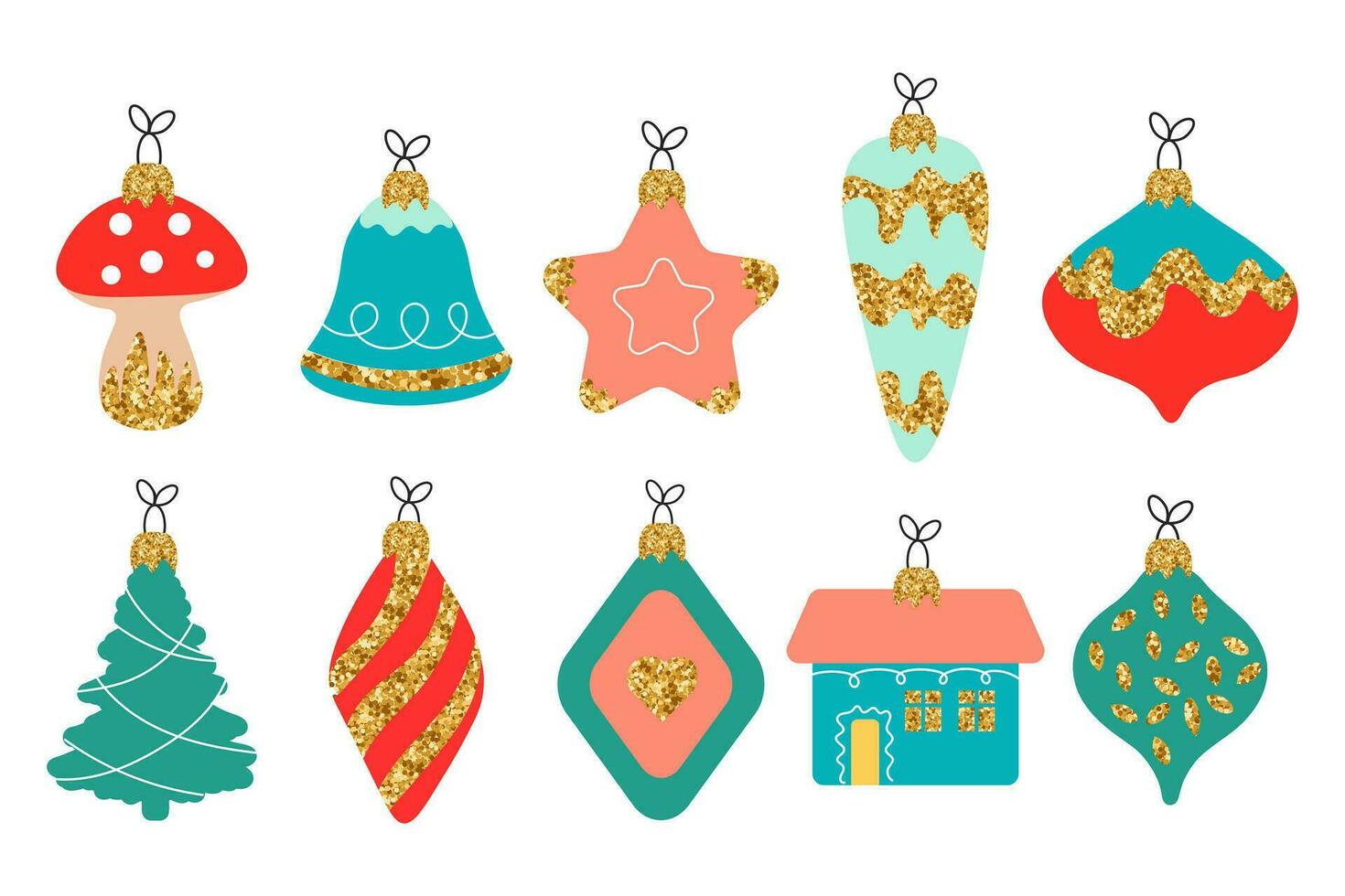 impostato di Vintage ▾ Natale giocattoli con oro luccichio, piatto stile. cartone animato illustrazione, decorativo elementi, vettore