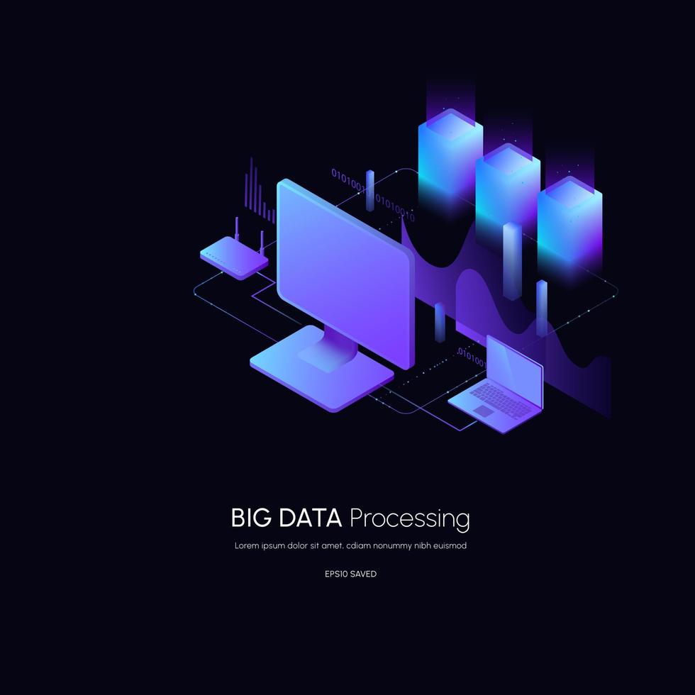 concetto di visualizzazione dei dati. piattaforma di analisi dei dati illustrazione vettoriale isometrica 3d. deposito di computer o postazione di lavoro agricola.