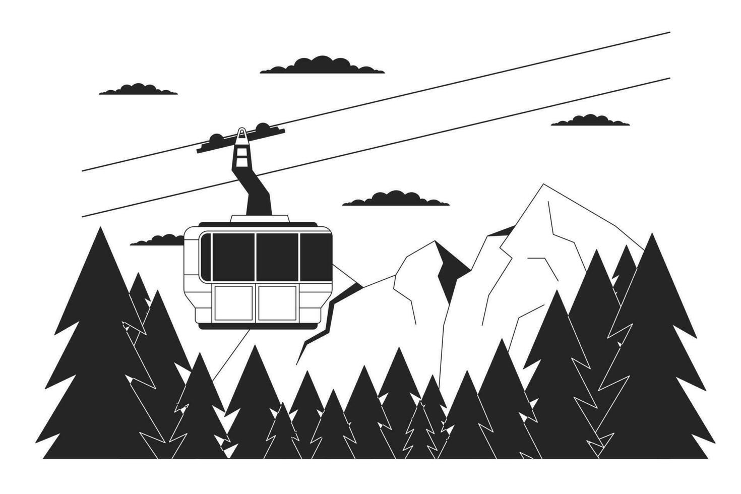 gondola sciovia montagna foresta nero e bianca cartone animato piatto illustrazione. equitazione ascensore sciare sollevamento 2d Linea artistica paesaggio isolato. sciare ricorrere inverno stagione monocromatico scena vettore schema Immagine