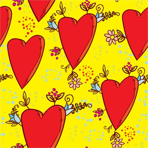 Modello senza cuciture con cuori e fiori con uno schizzo di grafica in stile doodle vettore