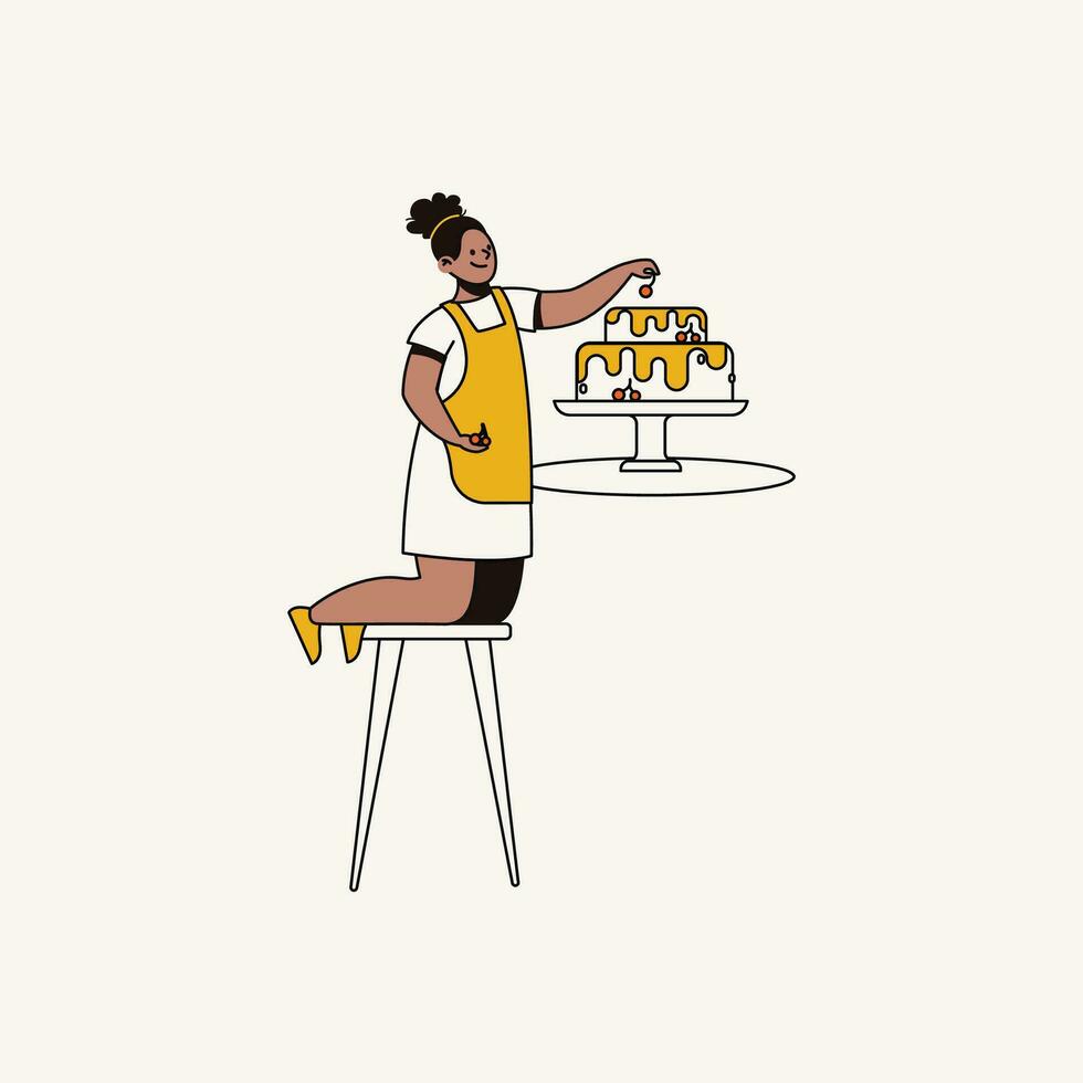 vettore illustrazione di un' donna nel un' bar con un' torta su un' In piedi.
