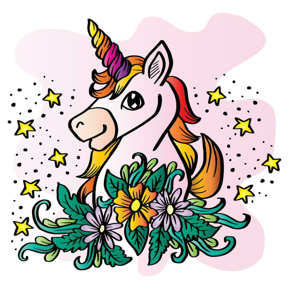 cartone animato unicorno testa con floreale ornamento. vettore